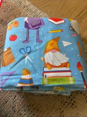 Blue Holiday Elf and School Print Fabric